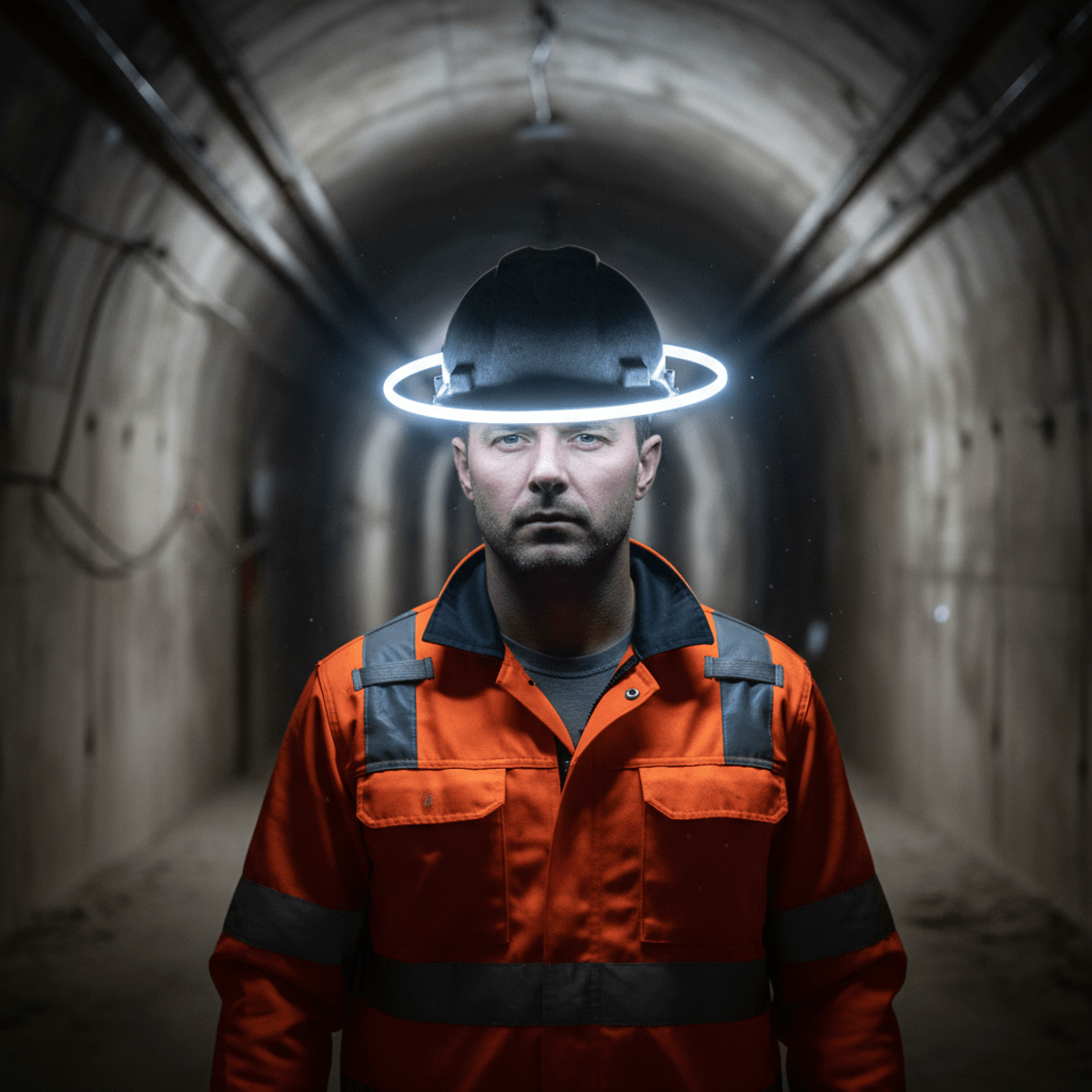 Worker in dimly lit tunnel wearing a modern hard hat with 360-degree LED lighting.