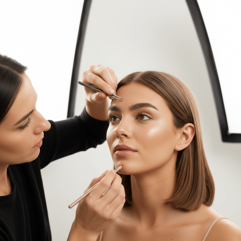 Makeup artist precisely shaping soft arch skinny brows with tweezers and pencil.
