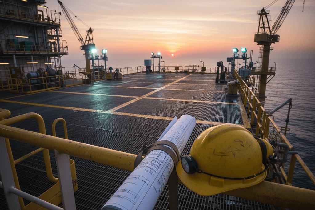 Strategic planning tools on an offshore energy platform at sunrise Blueprints and safety helmet on offshore platform railing under natural dawn light, symbolizing deepwater energy strategy
