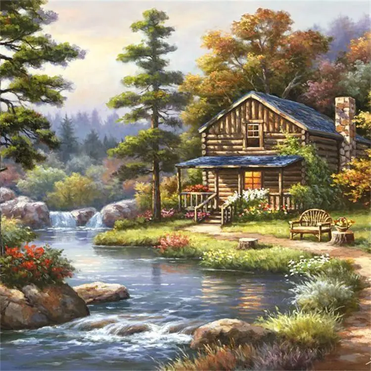 Река домов картина. Пейзаж с домиком. Домик у речки. Домик у ручья. Картины с домиками.