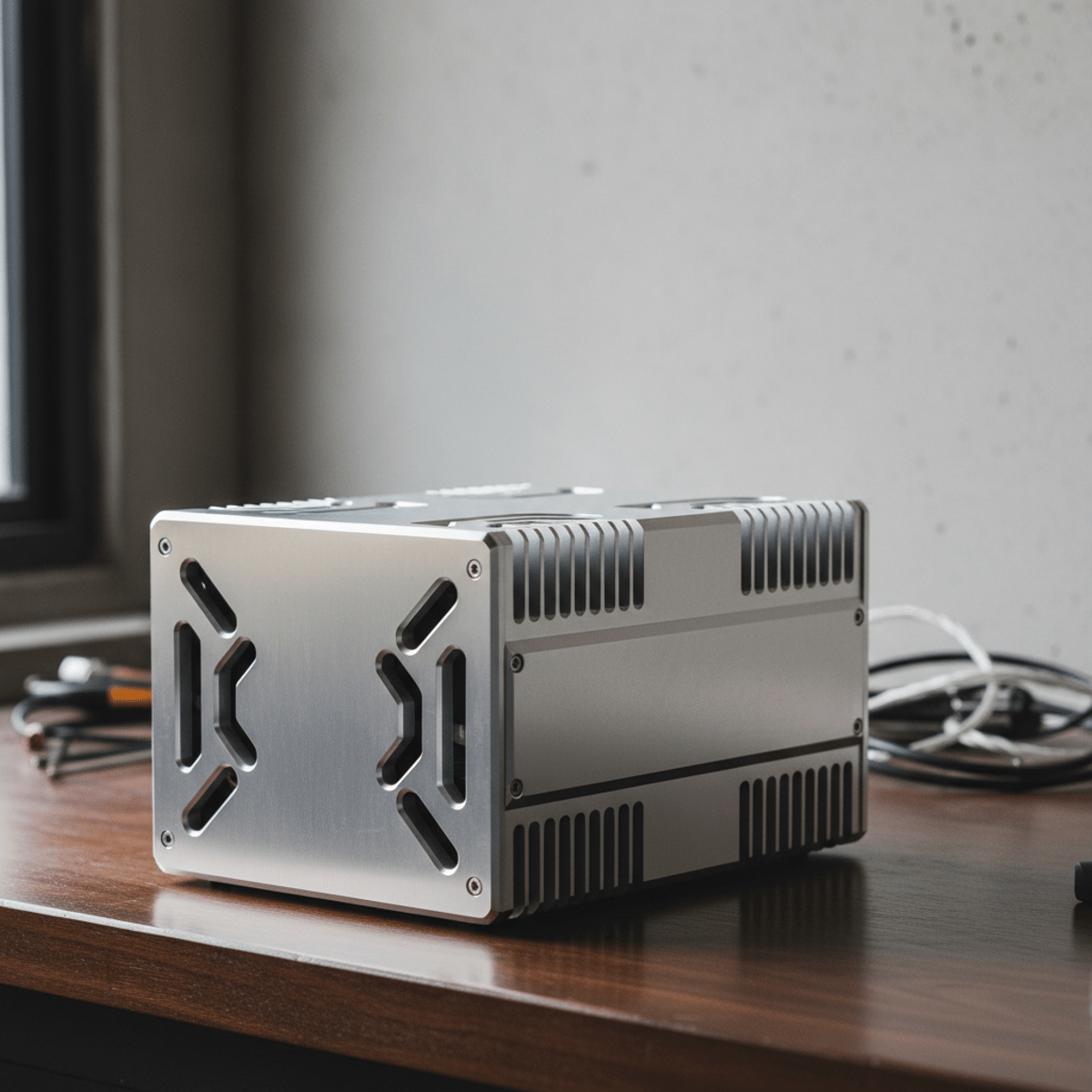 Precision CNC-milled aluminum audio amplifier housing with intricate cooling fins.