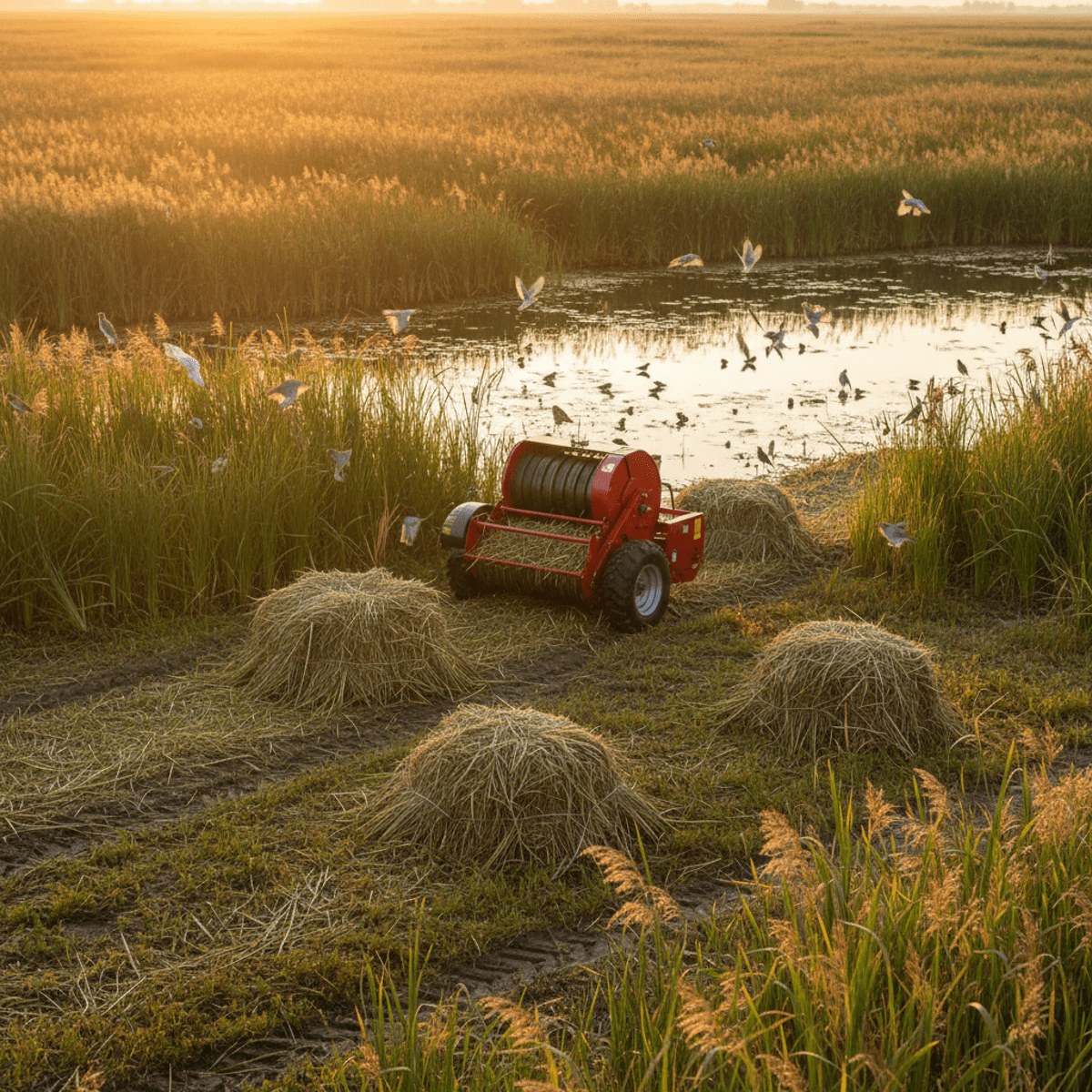 Mini baler creating wildlife cover from vegetation in a wetland at golden hour.