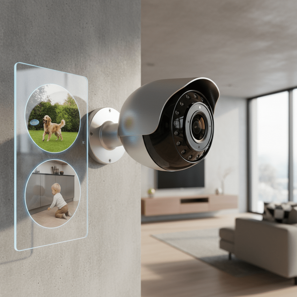 High-tech security camera displays split-screen holographic feed of pets and toddler.