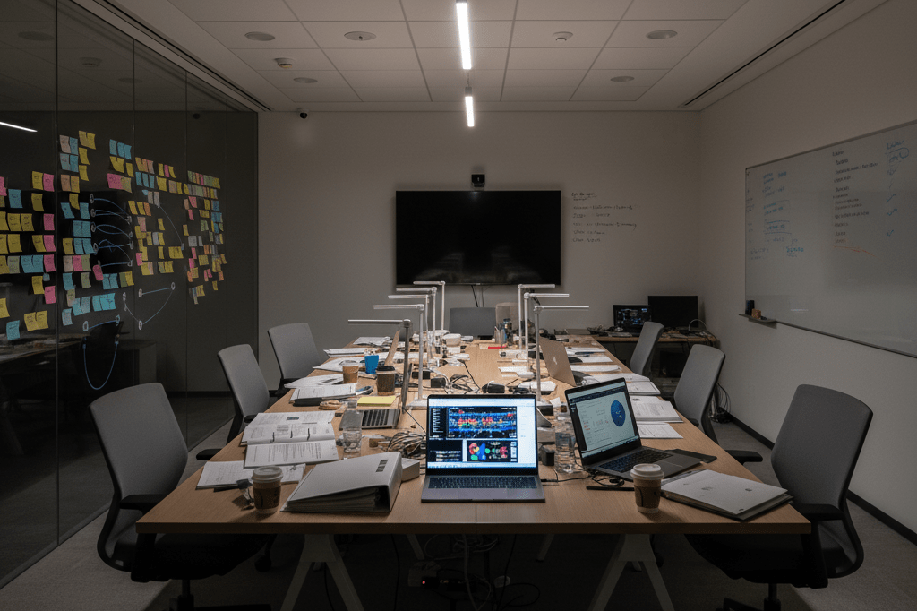 Office war room setup with laptops, charts, and sticky notes under warm ambient lighting, symbolizing competitive intelligence and strategic planning