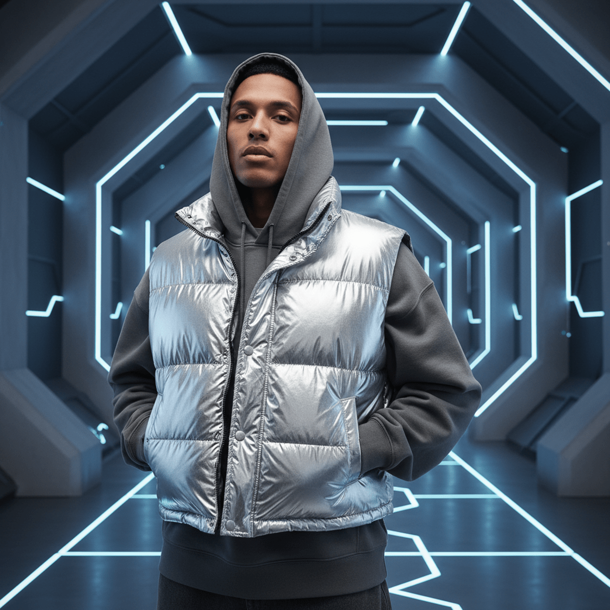 Man in shiny puffer vest over hoodie in futuristic sci-fi interior.