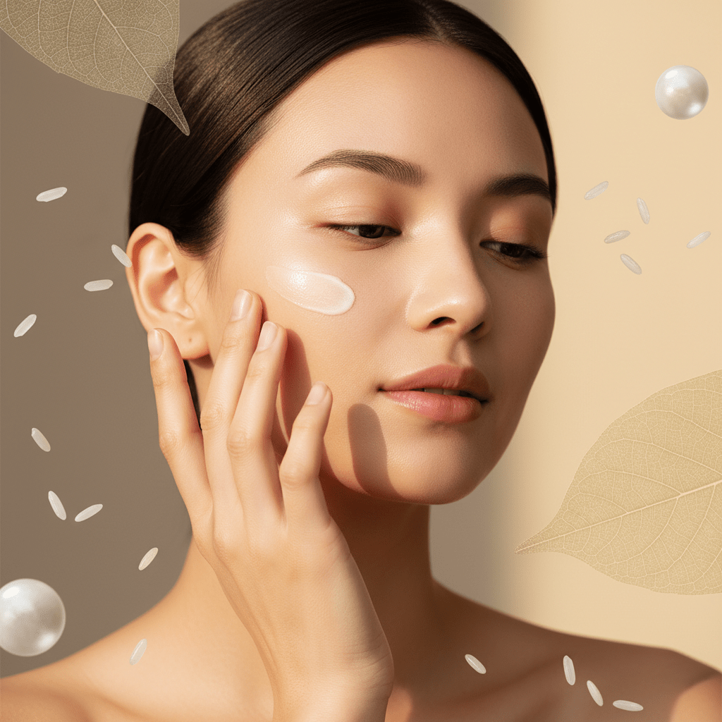 Model with flawless skin applying CC cream with botanical elements and golden hour light.