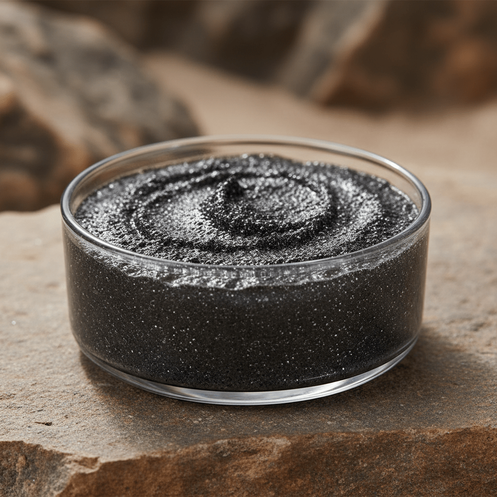 Macro shot of thick, mineral-rich charcoal face wash in a glass bowl.