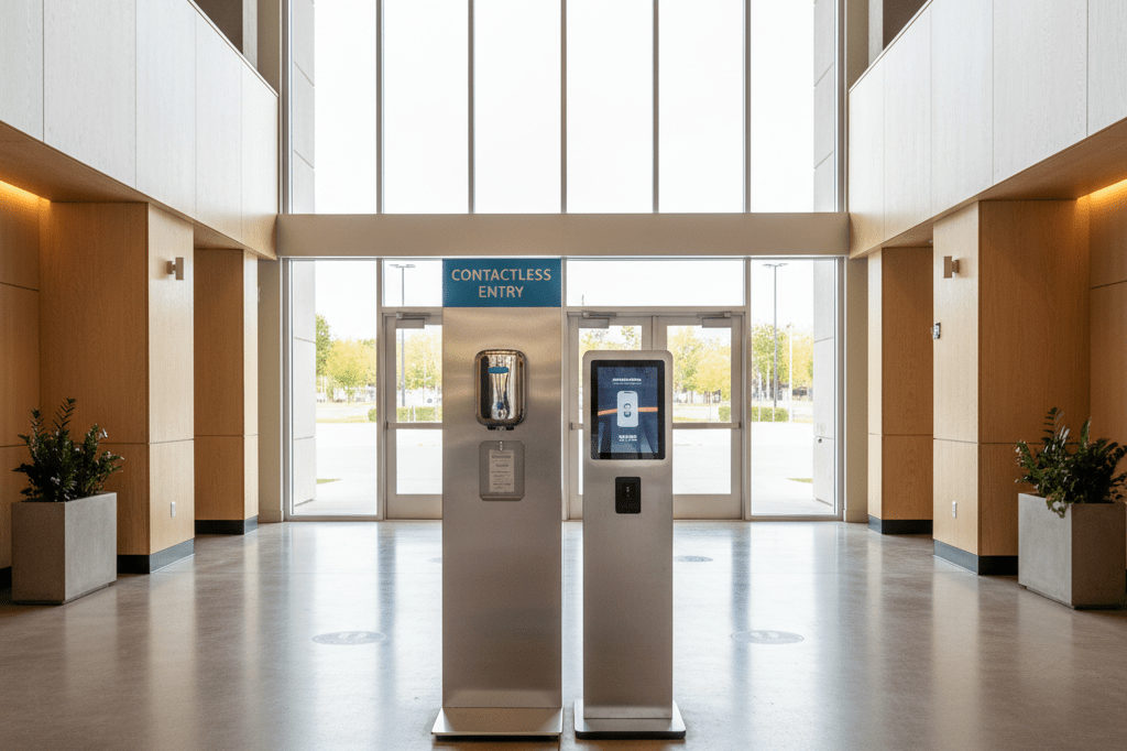 Automated sanitizing station and health protocol signage at a clean, well-lit venue entry point