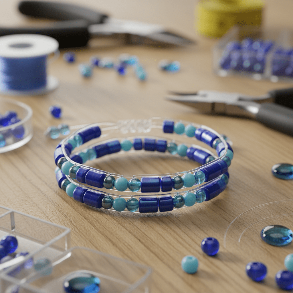 Handmade blue friendship bracelet with Morse code pattern on wooden table.