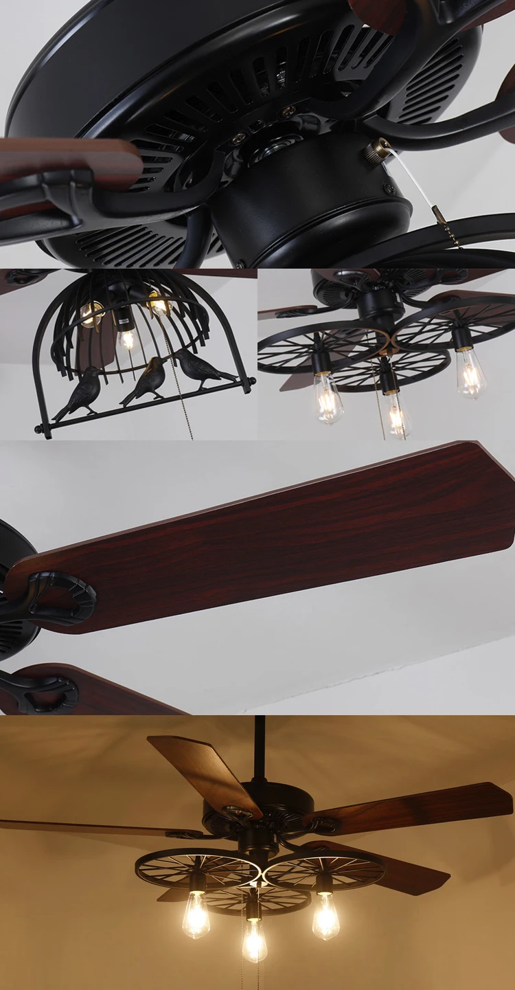 48/52 inch Wood/metal Blades Electric Designer Creative Wheel Bird Cage Decorative Ceiling Fans with Lights