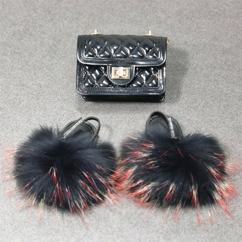 Girls Plus Fox Fur Slides Children's Candy Cross Body Purse Kids Fluffy Furry Slippers Jelly Shoulder Bag Slipper Sets