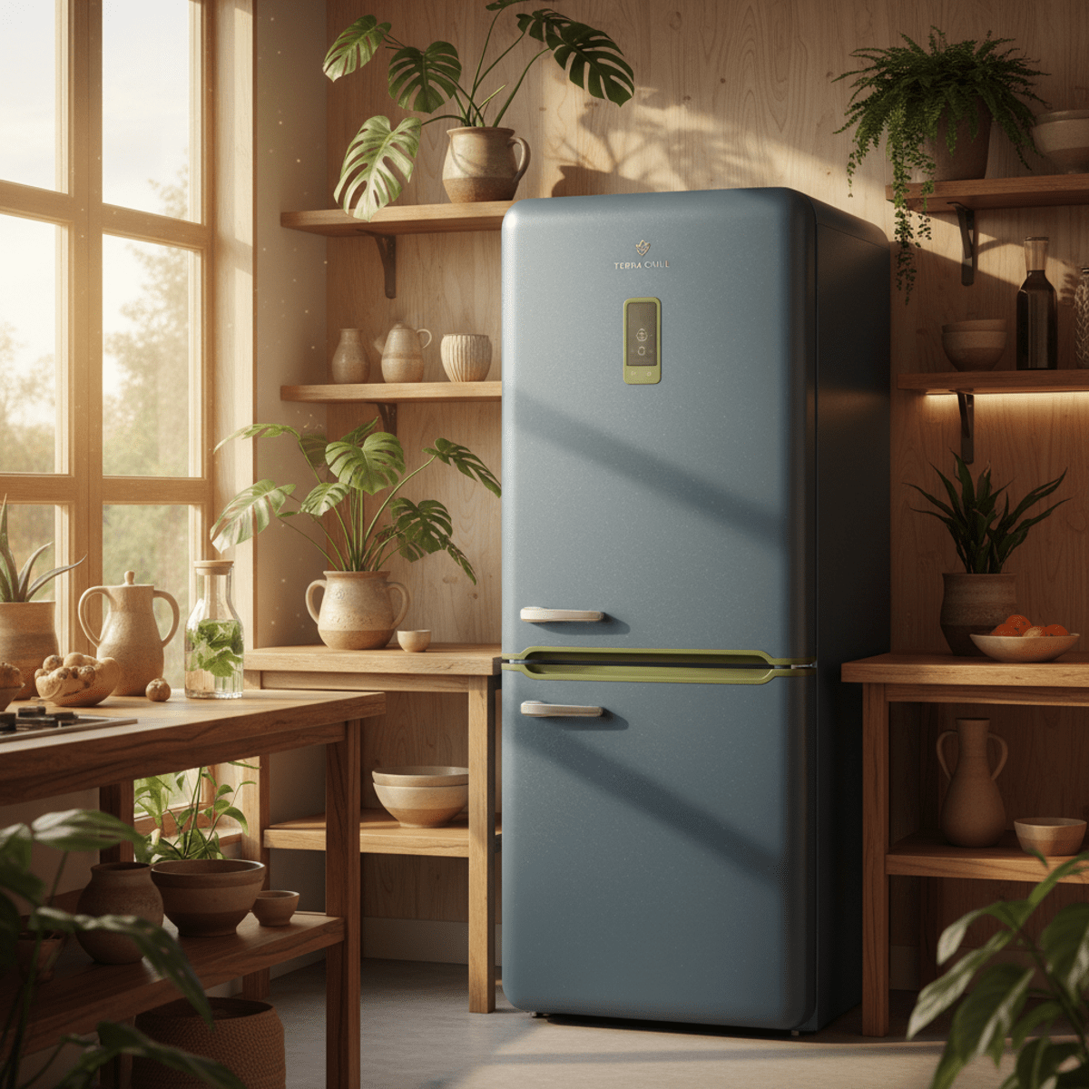 Sustainable refrigerator in a biophilic kitchen with natural textures and greenery.