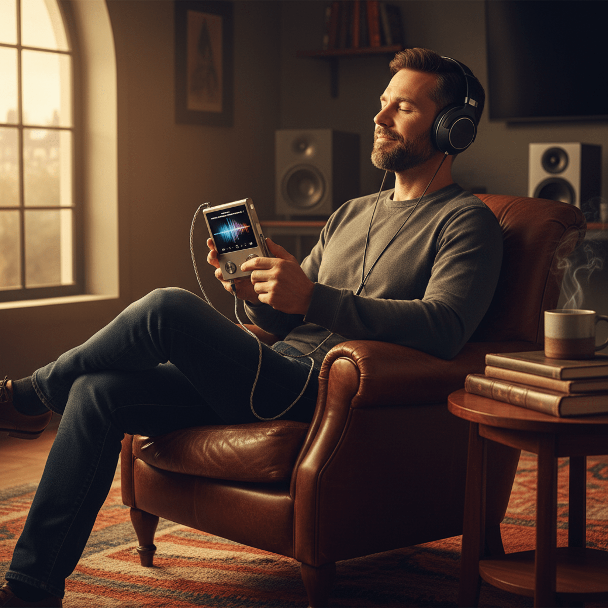 Discerning listener enjoys music with a titanium mp3 player and premium headphones.