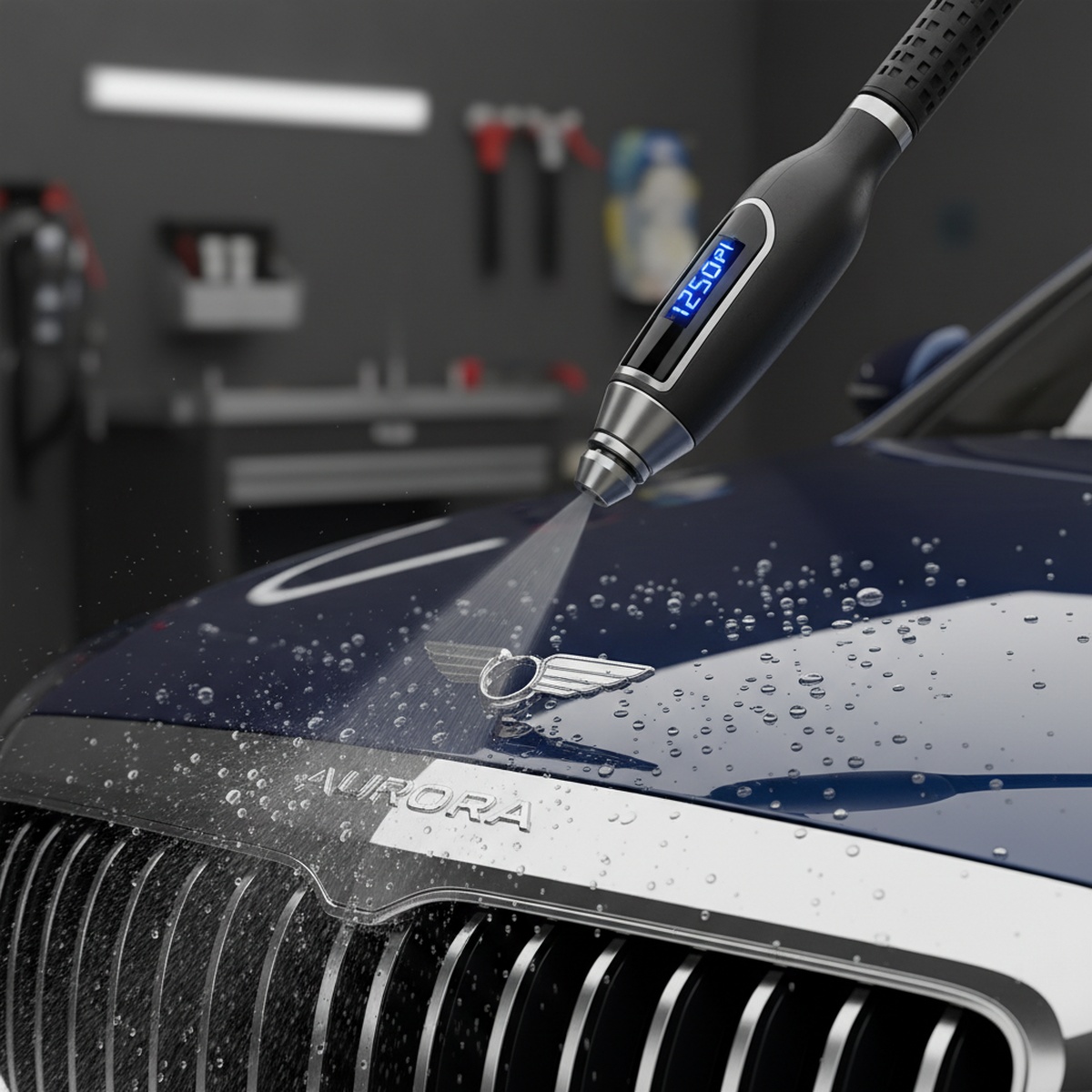 Sleek pressure washer wand with digital display cleaning a car emblem.