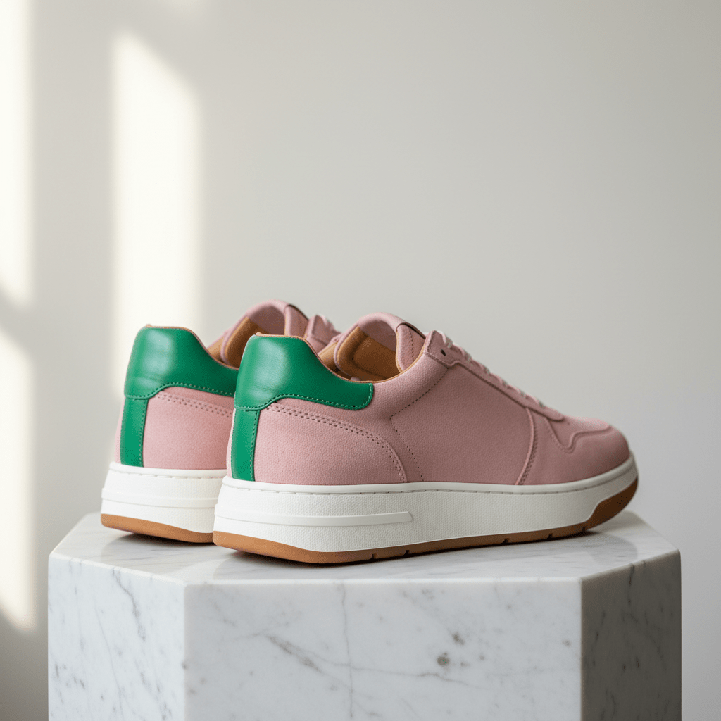 Luxury pink and green suede leather sneakers on a marble pedestal.