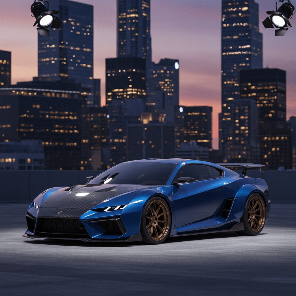 Aggressive widebody sports car with bronze wheels on rooftop at dusk.