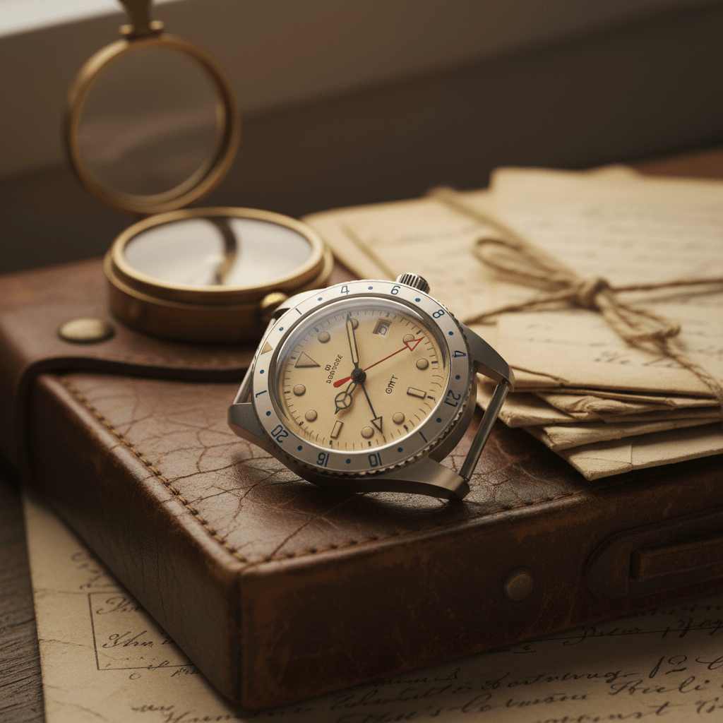 Neo-vintage GMT watch on leather map case with glowing markers under warm light.