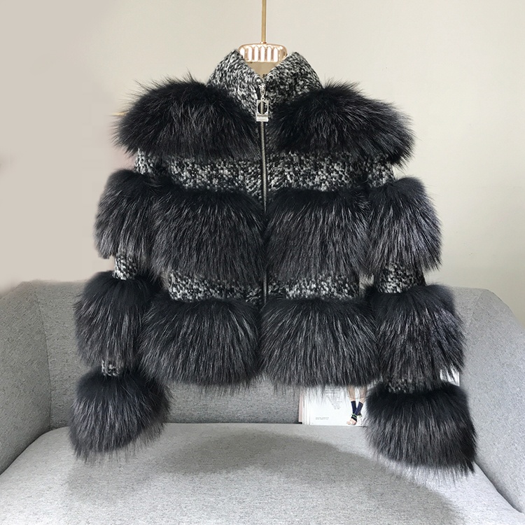 Multi  Color Luxury Fashion Short Winter Thick Warm Women's Raccoon Fur Jacket Zipper Casual Real Fur Coat With Wool Fabric