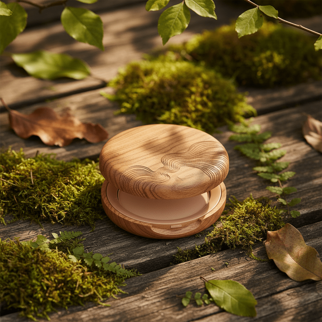 Biophilic compact powder case with mushroom motifs on reclaimed wood and moss.