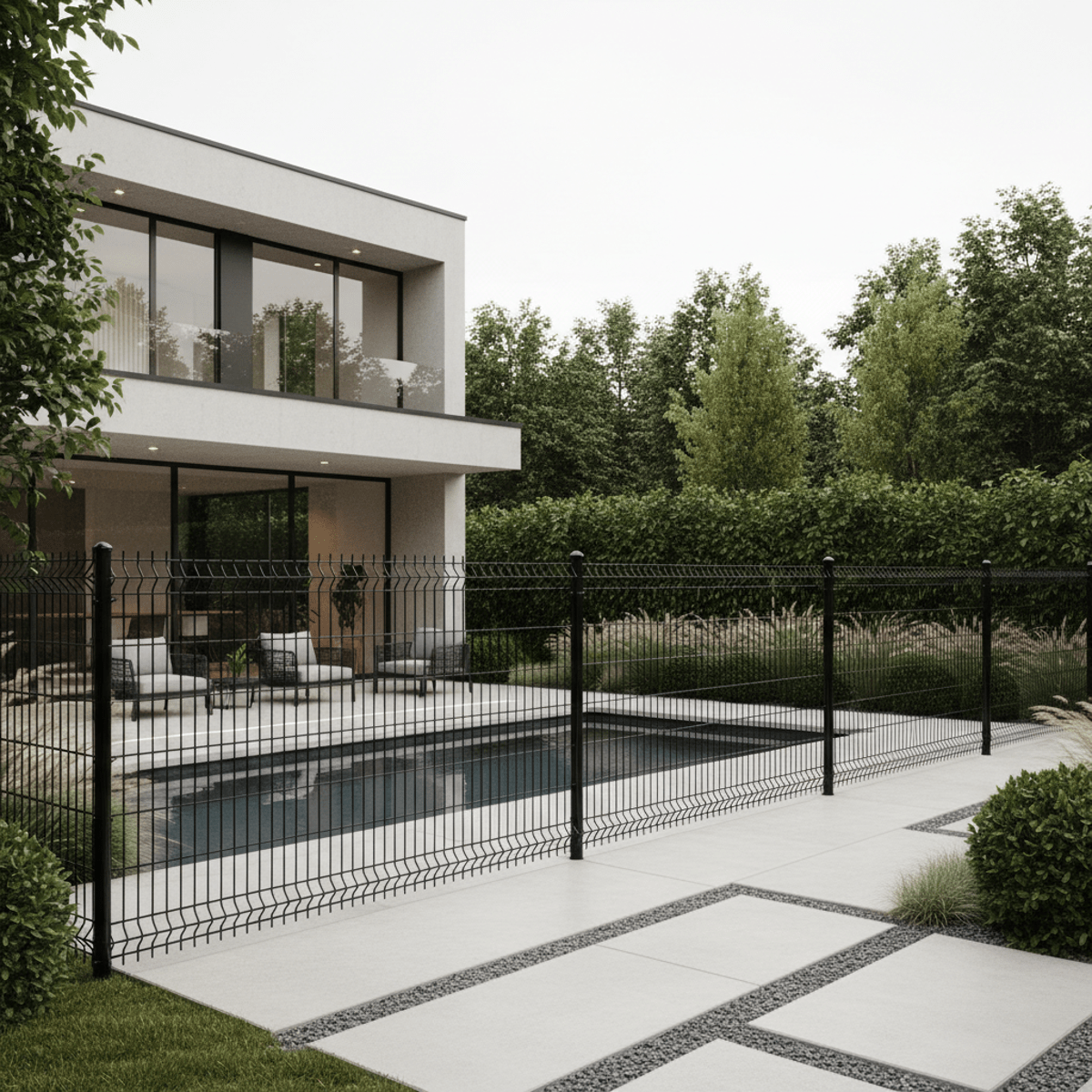 Modern backyard fence with black vinyl-coated chain link and privacy slats.