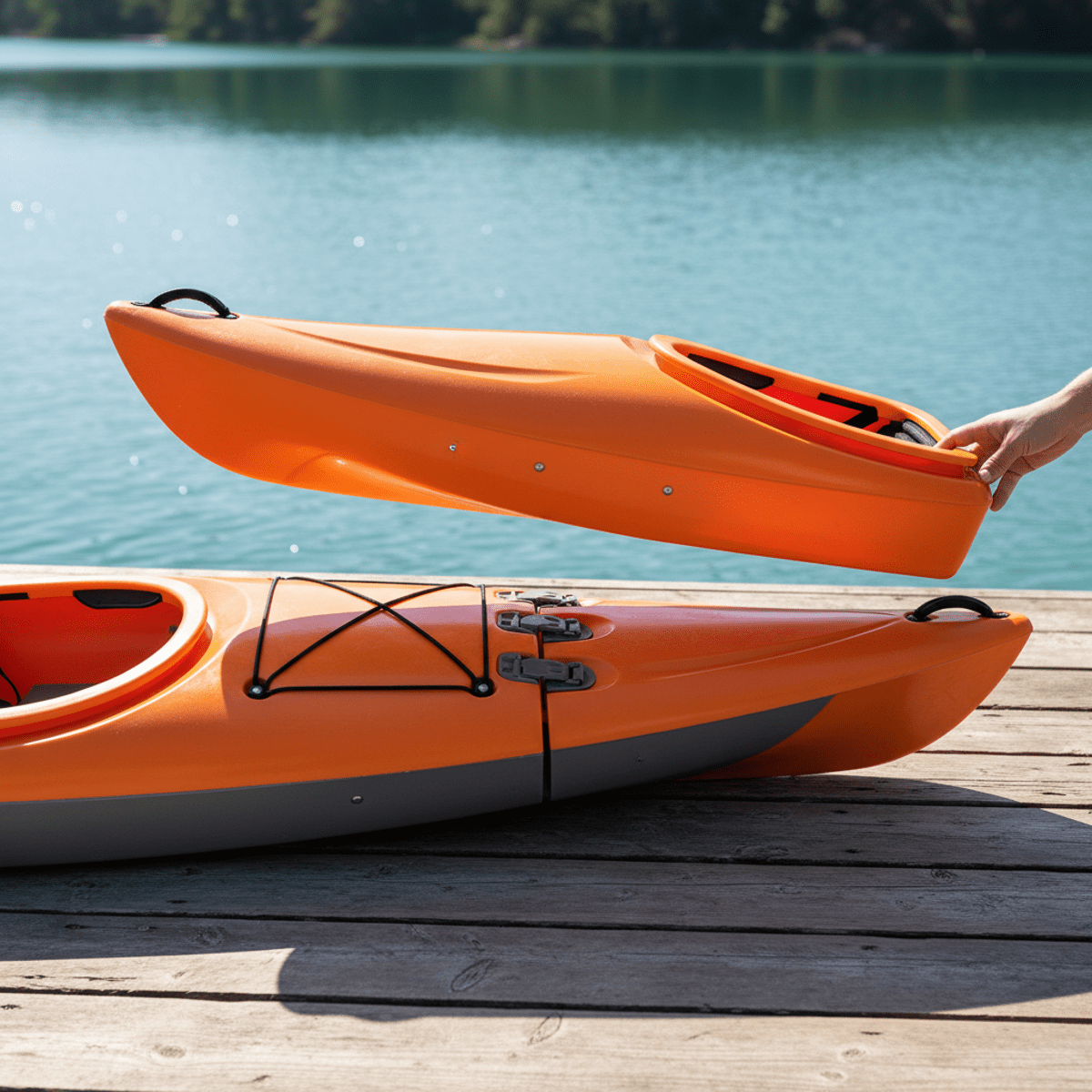 Portable modular kayak transforming on a wooden dock with calm water.