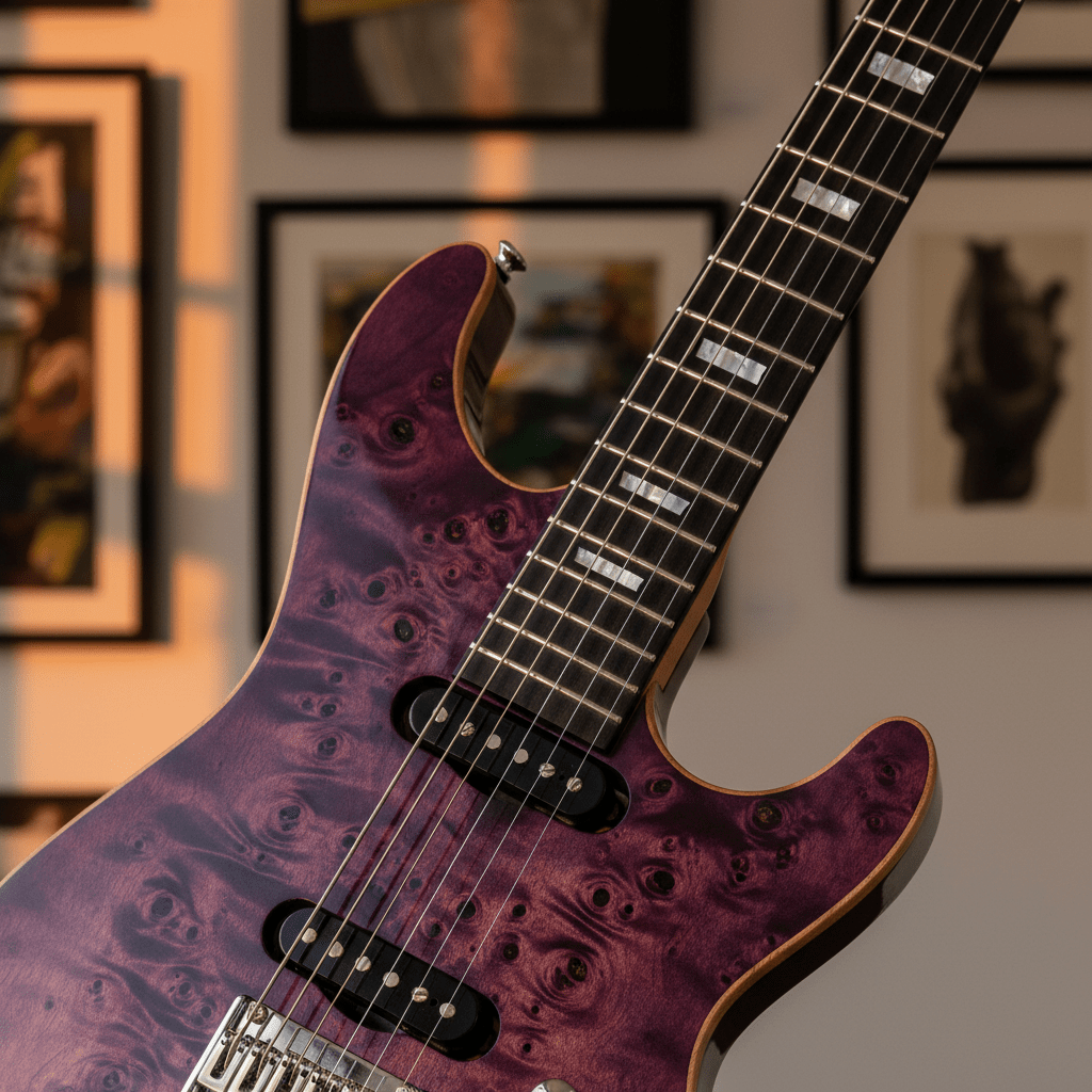 Artistic close-up of a purple burl wood guitar body with metallic tuning pegs.