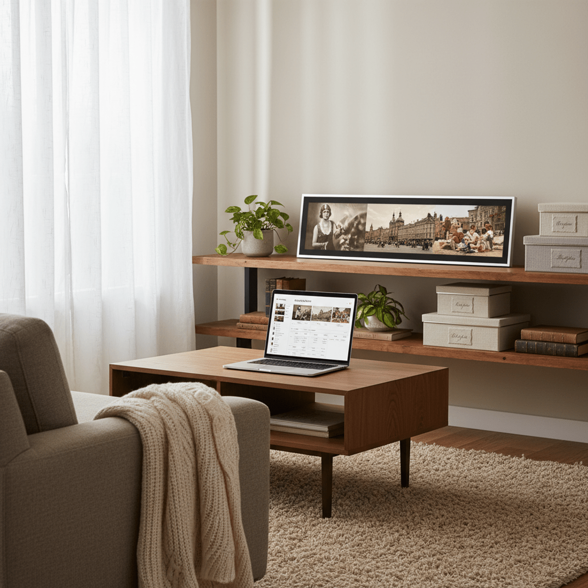 Modern living room with digital archive interface and restored historical images.