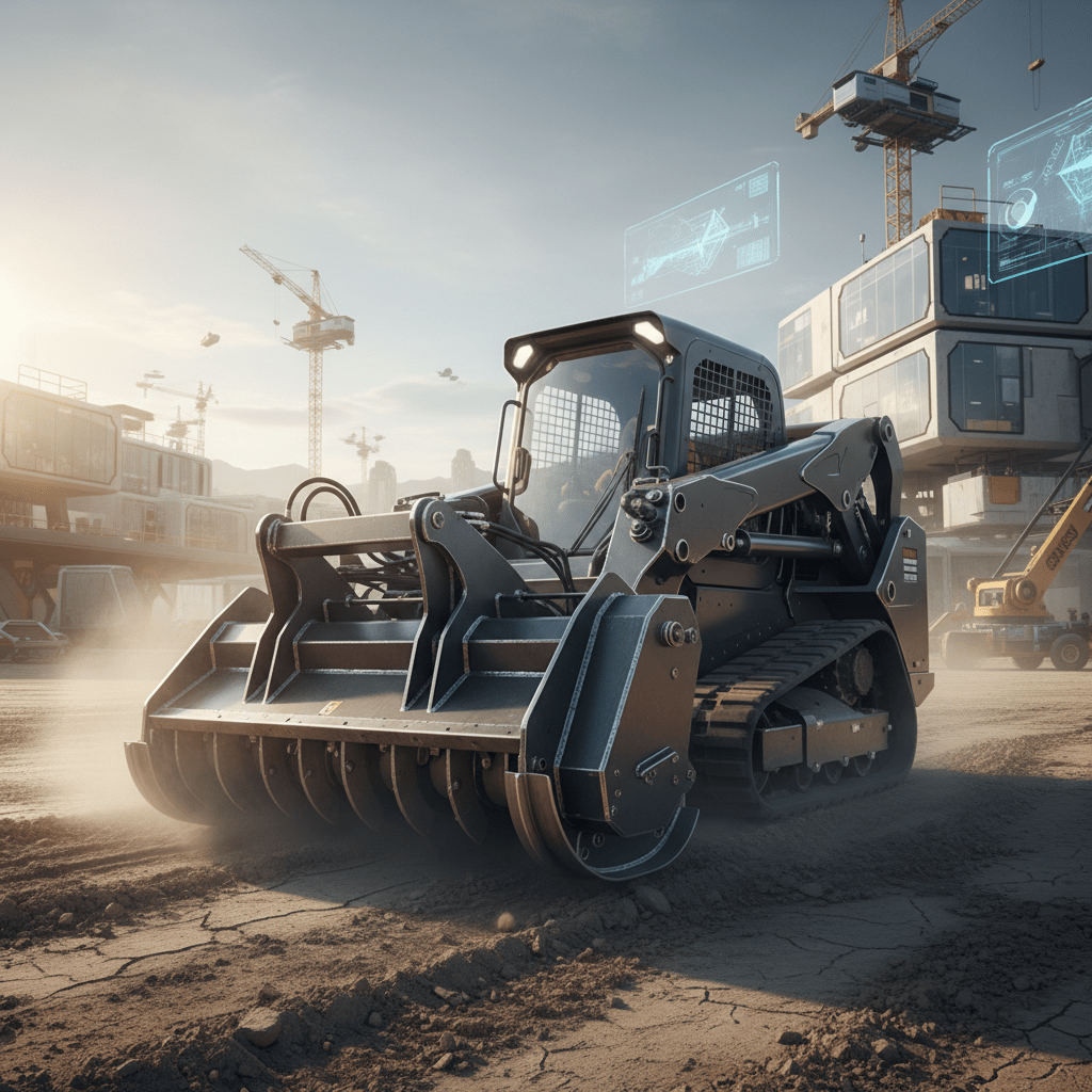 Skid steer with mulcher attachment on dry dirt terrain under golden hour sunlight.