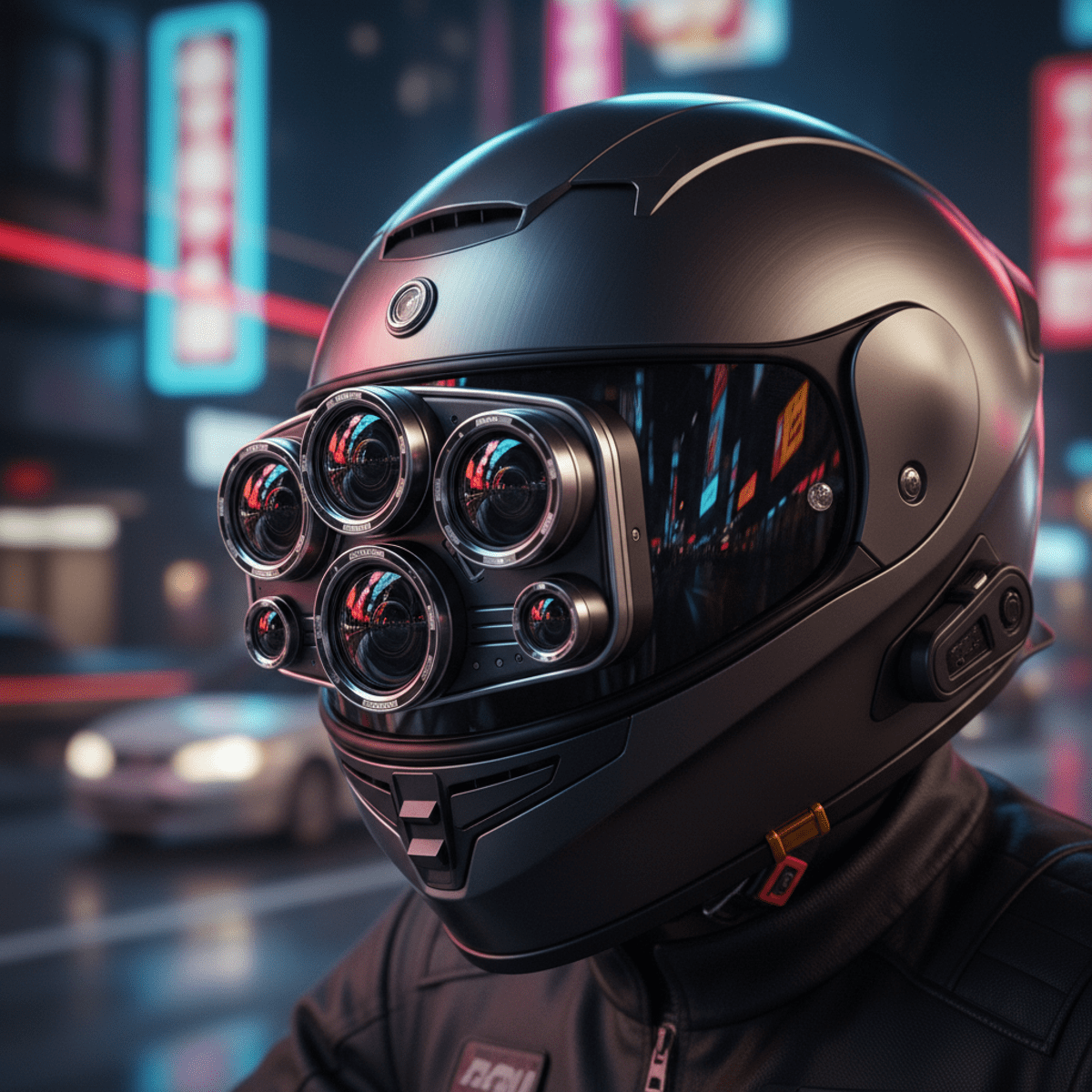 Motorcycle helmet camcorder with 360 lens reflects vibrant neon city lights at night.