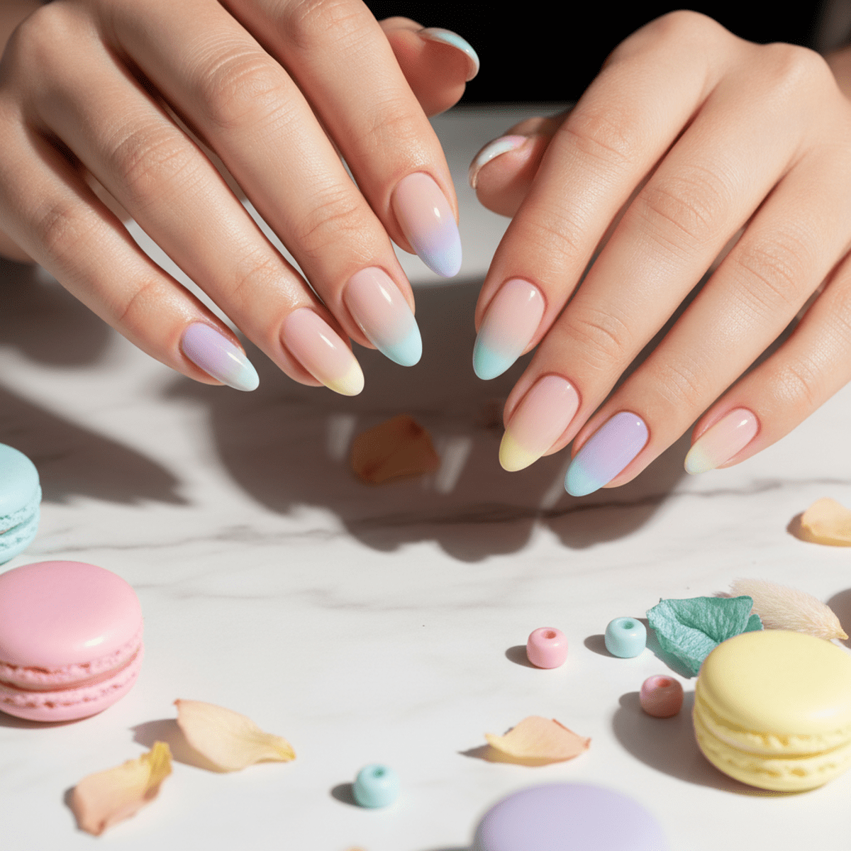 Close-up of hands with mismatched French nail designs in pastel rainbow shades on marble.
