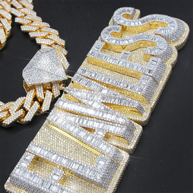 Buss Down Silver 925 Pendant Luxury Custom Initial Necklace Iced out VVS Moissanite Letter Hip Hop Jewelry Baguette Pendant