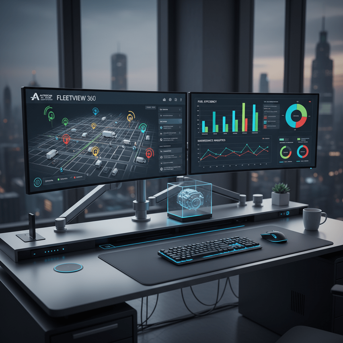 Modern office desk with dual monitors showing fleet management dashboard and vehicle map.