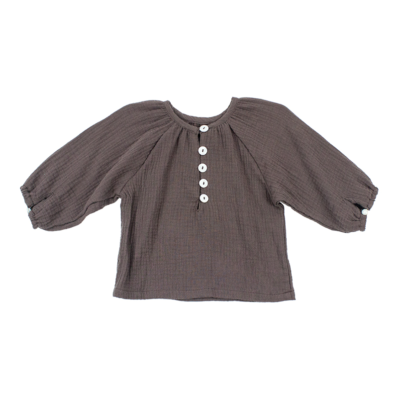 Новый стиль, однотонный топ из муслина с круглым вырезом и длинным рукавом для маленьких девочек, одежда