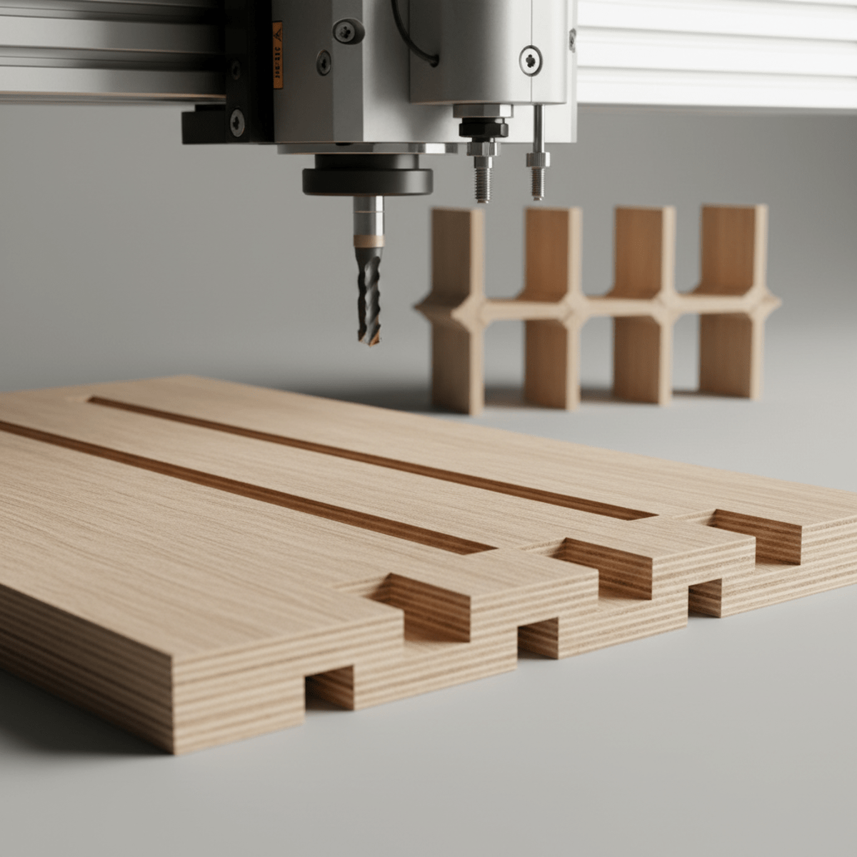 Wood router precisely cuts interlocking plywood with Japanese joinery-inspired edges.