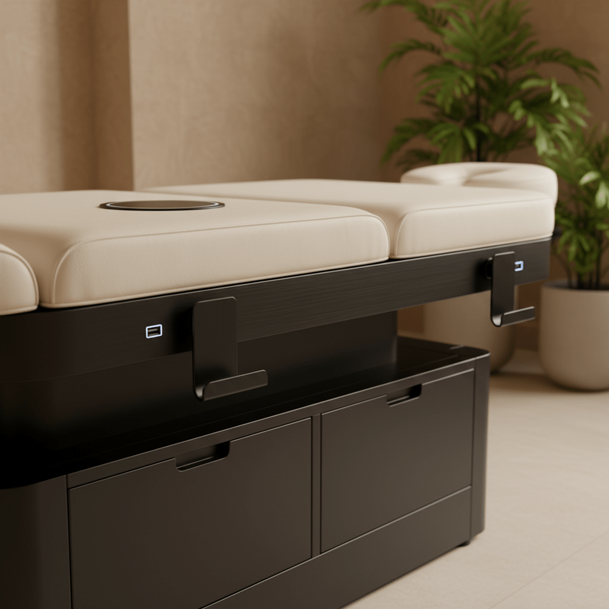 Sleek hydraulic massage table with ivory leather and matte black metal frame.