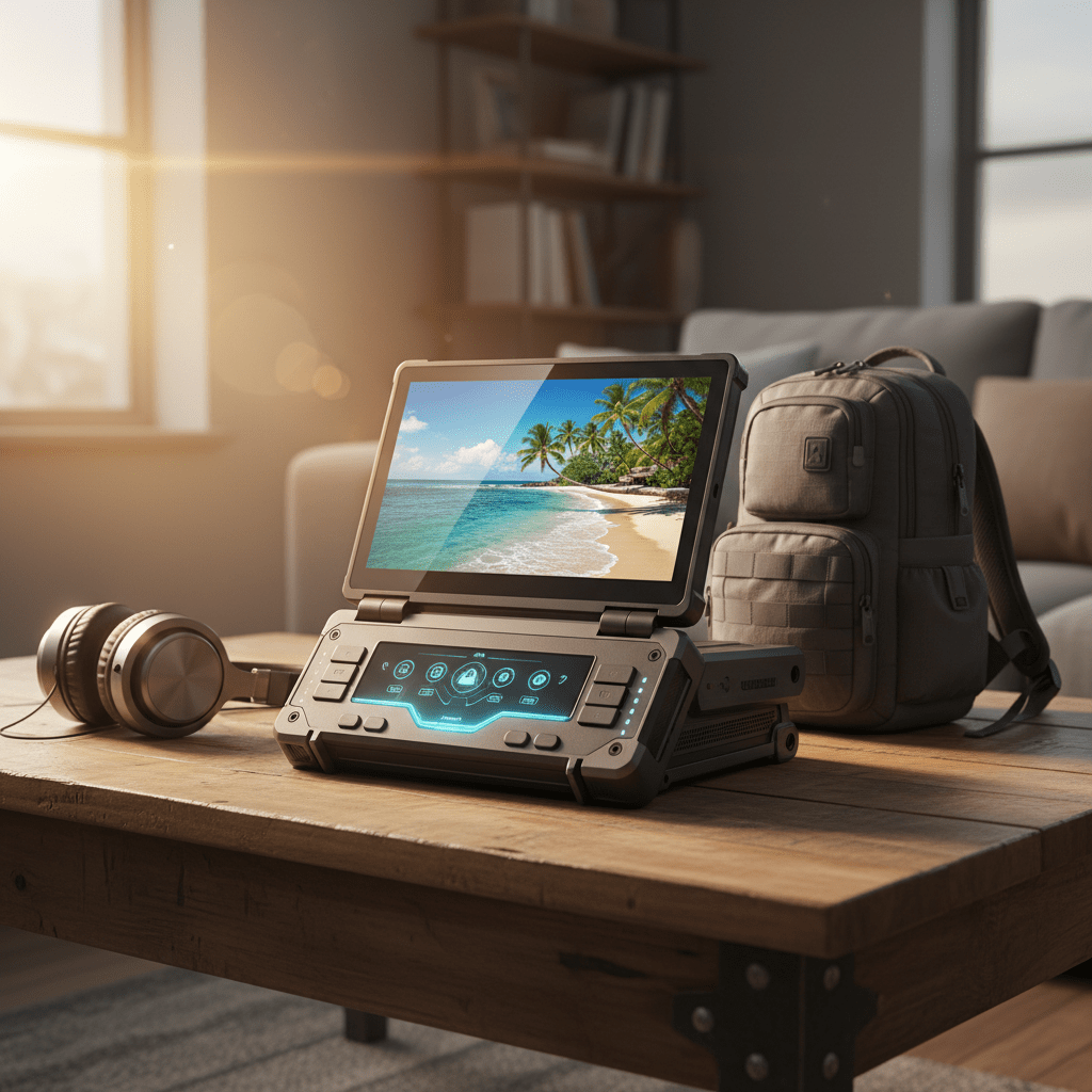 Portable DVD player with vibrant screen and travel gear in warm sunlight.