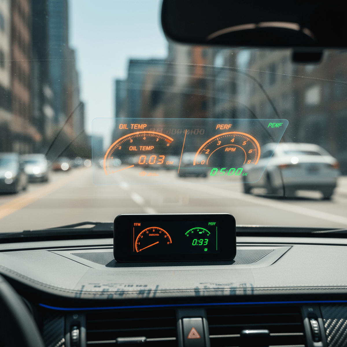 Compact HUD unit on car dashboard projects vivid digital gauges onto the windshield.