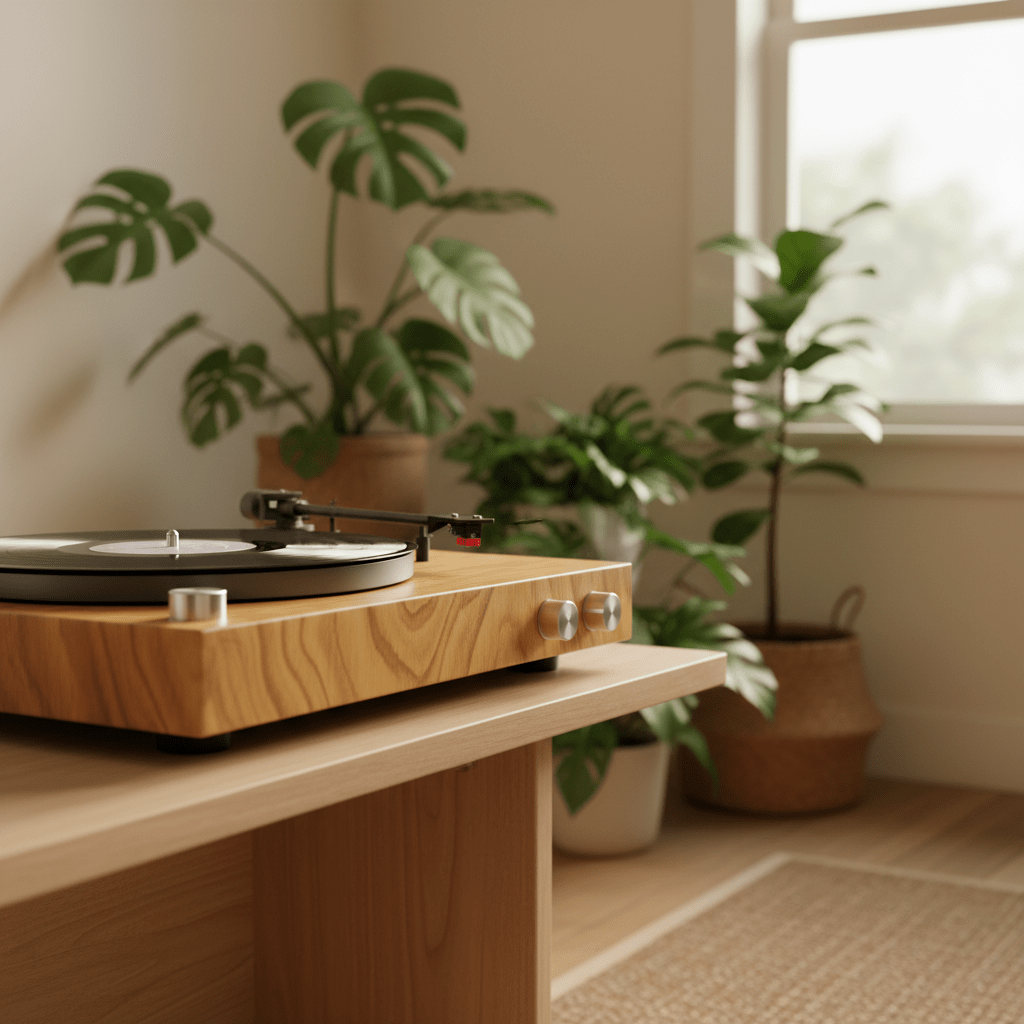 Bamboo LP player on minimalist wooden console Golden bamboo LP player on Japandi console with potted plants.