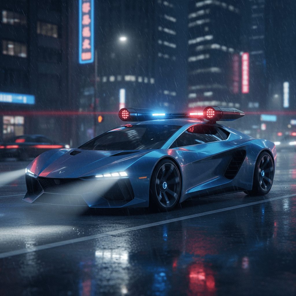 Sleek futuristic police car with rooftop pods on a wet urban street at night.