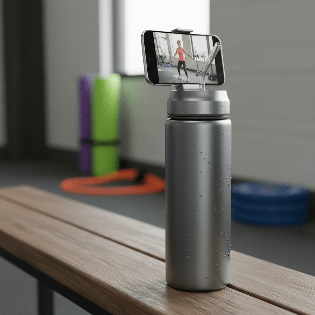 Matte stainless steel water bottle with integrated phone stand lid on gym bench.