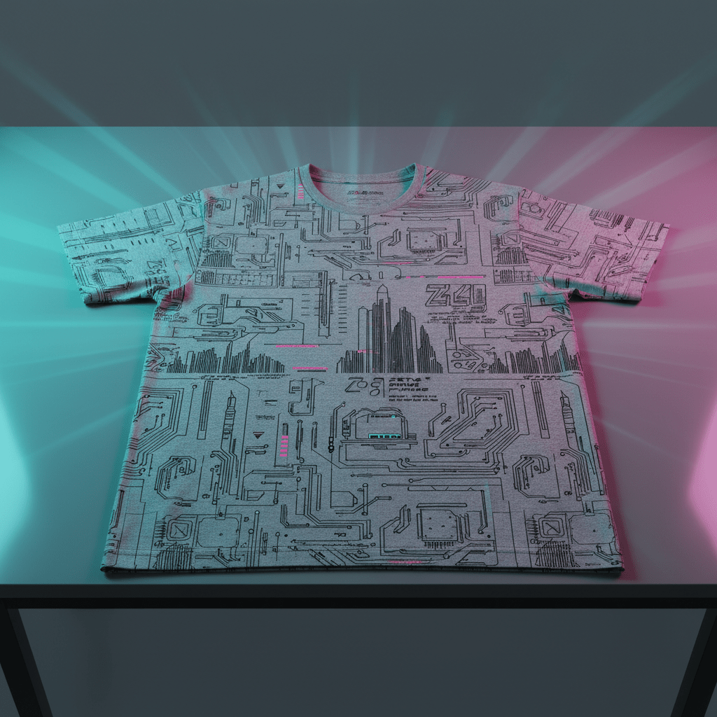 Retro-futurist t-shirt pattern with 80s sci-fi schematic lines on slate gray.