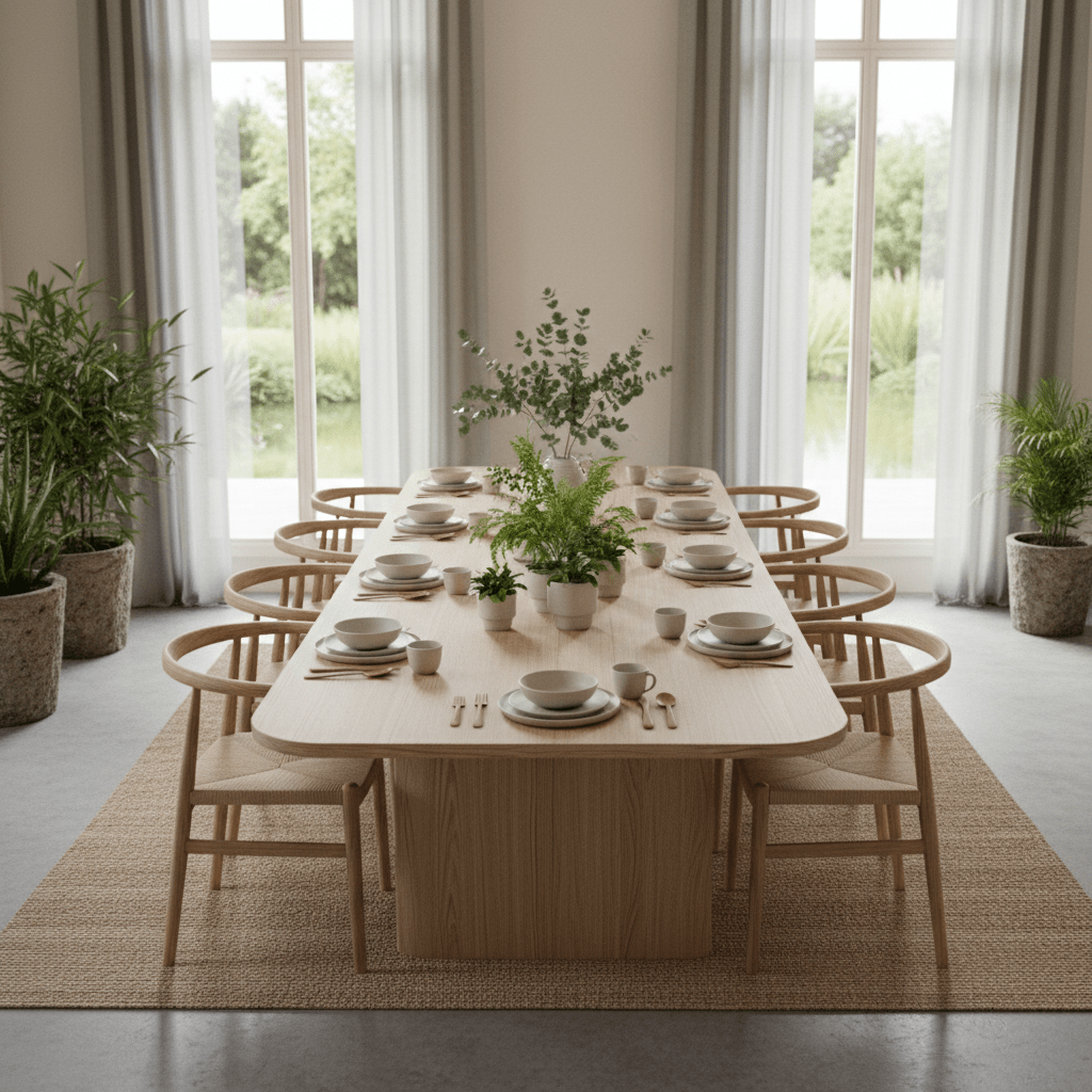 Minimalist Japandi ash wood dining table Japandi dining table crafted from light ash wood with minimalist design.
