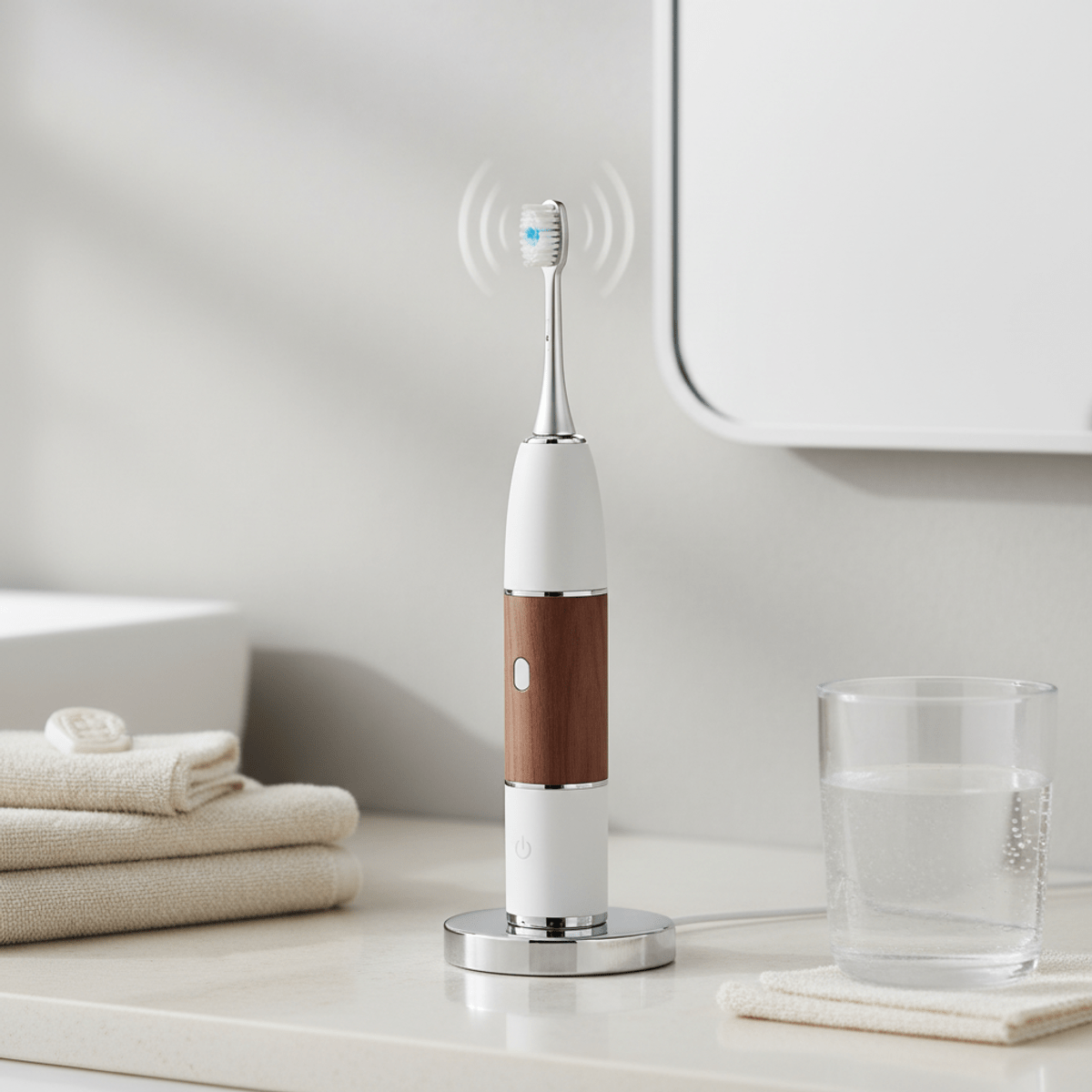 Elegant vibrating toothbrush on minimalist charging stand with wood and chrome accents.