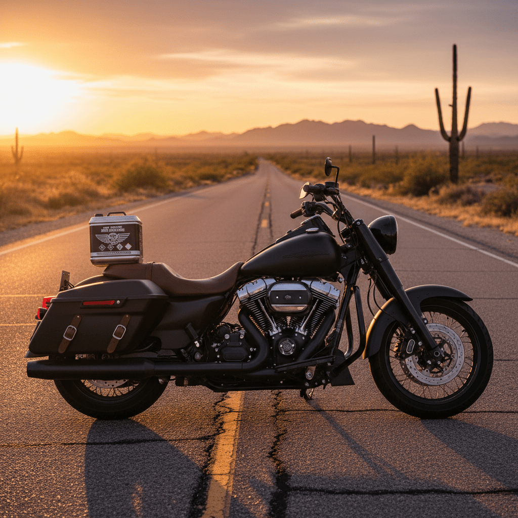 Touring motorcycle parked on desert highway at golden hour with octane booster.