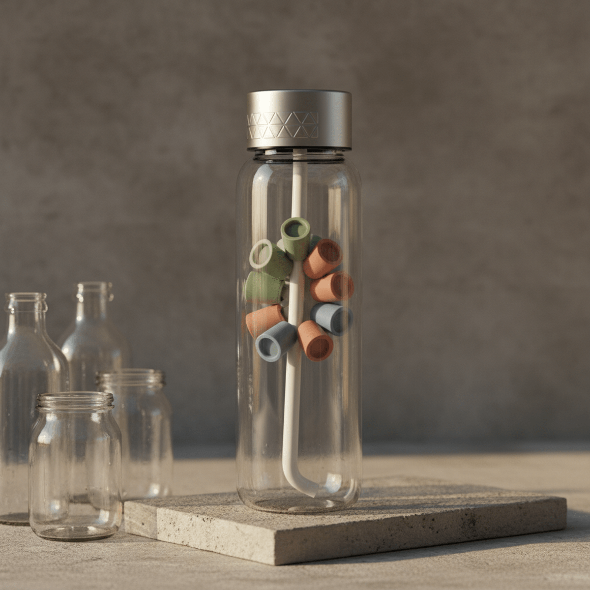 Futuristic water bottle with flavor pods and refillable cartridges, minimalist design.