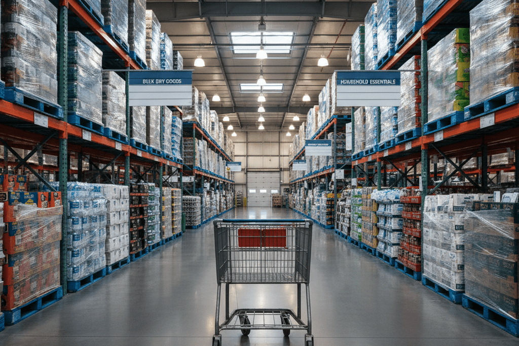 Well-lit retail warehouse aisle with stacked goods and an empty rolling cart, symbolizing productivity and structured wage implementation