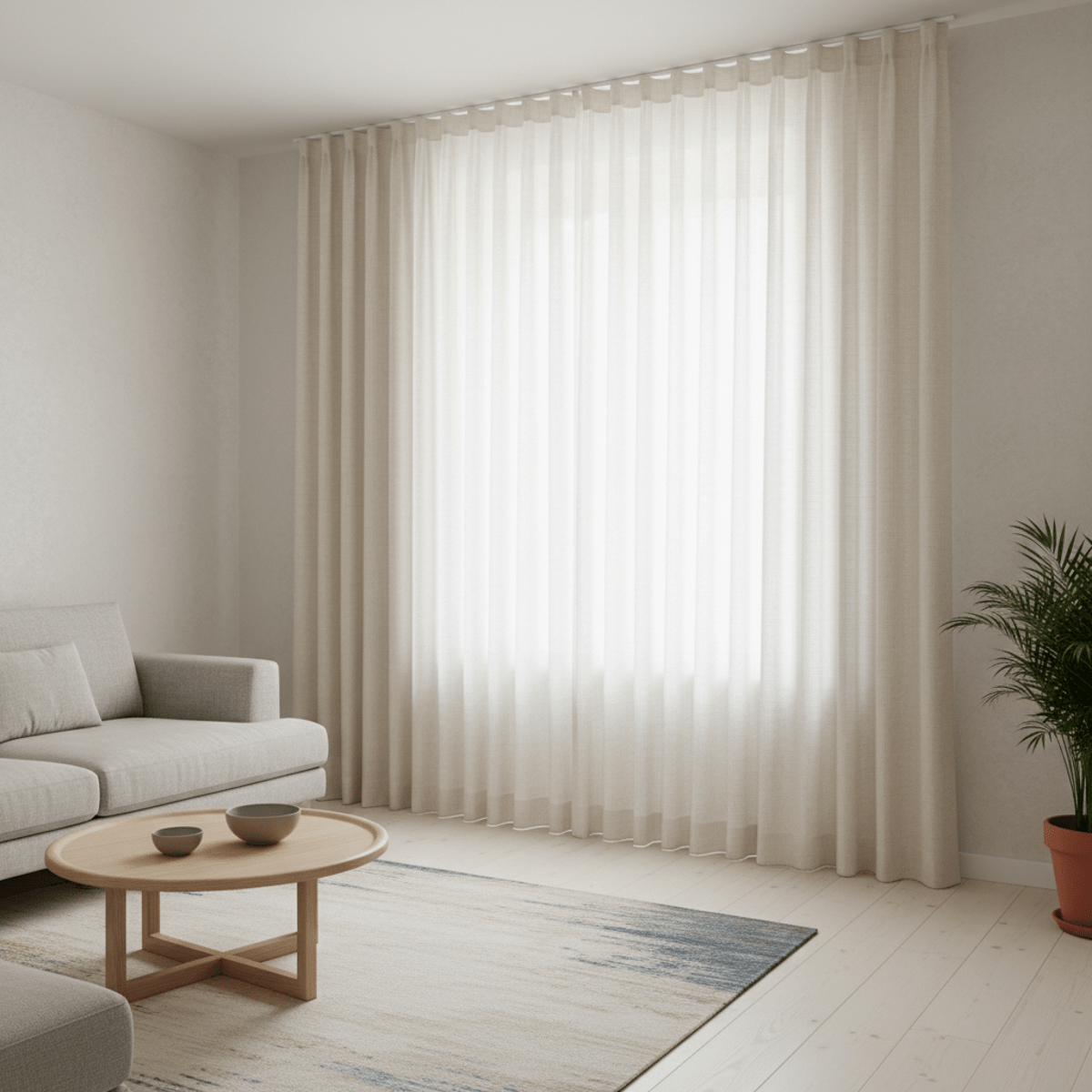 Japandi wave fold linen curtains in a minimalist living room Modern Japandi wave fold curtains in warm white linen with minimalist decor.