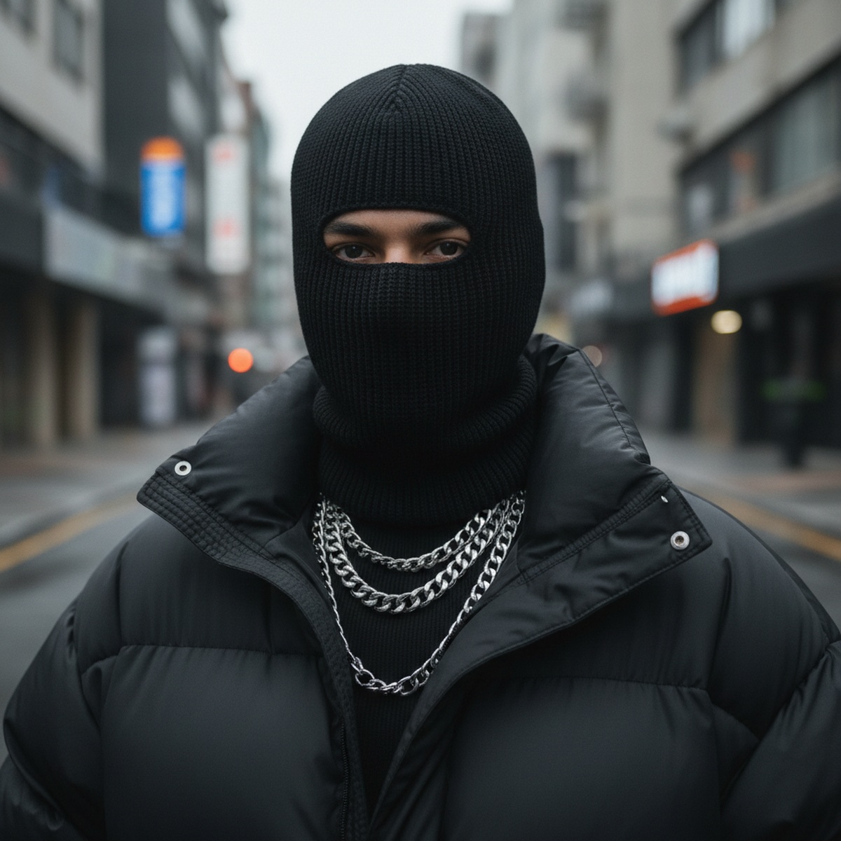 Close-up of black knit balaclava worn with puffer jacket and silver chains.
