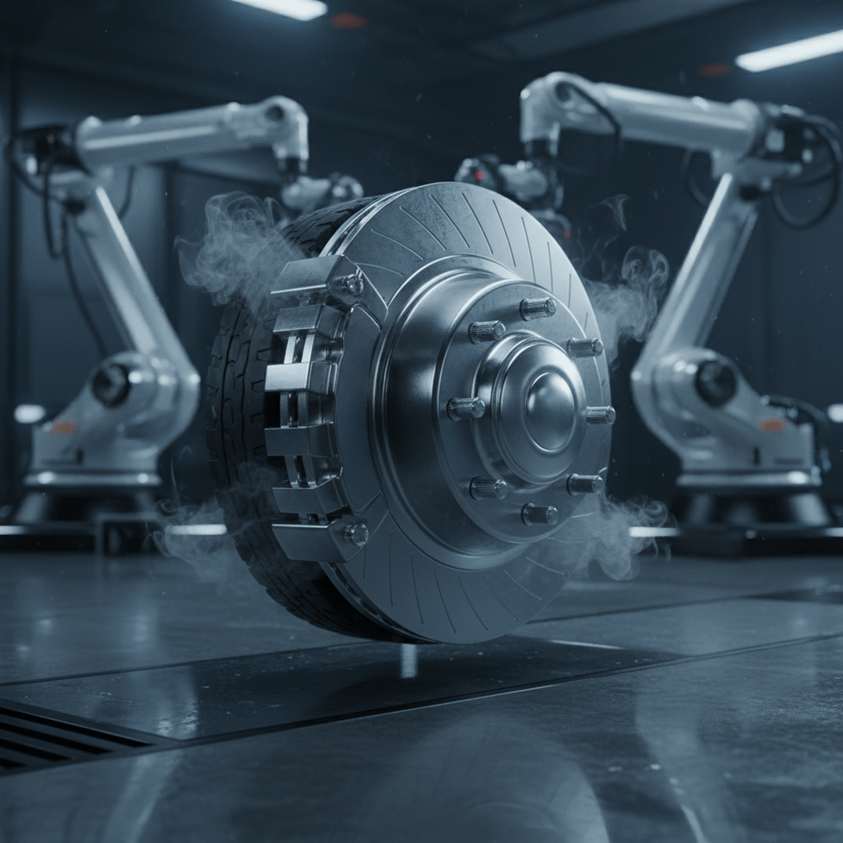 Heavy-duty truck wheel assembly with disassembled brake pads and polished metallic components.