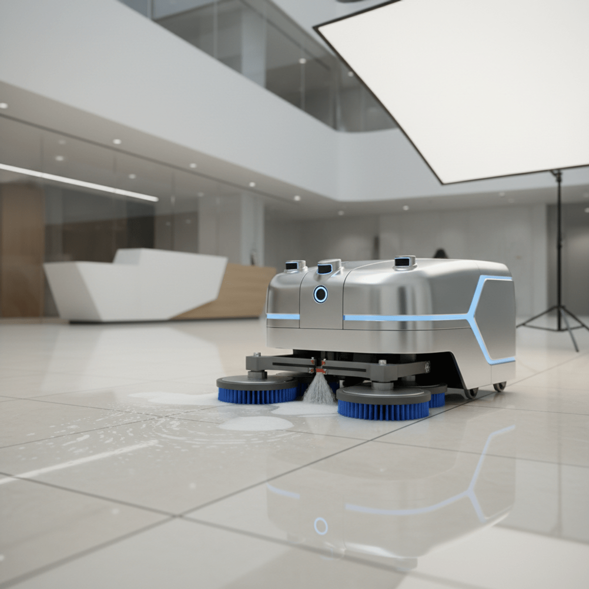Futuristic autonomous tile and grout cleaning machine Sleek robotic tile and grout cleaner with rotating brushes and glowing sensors.